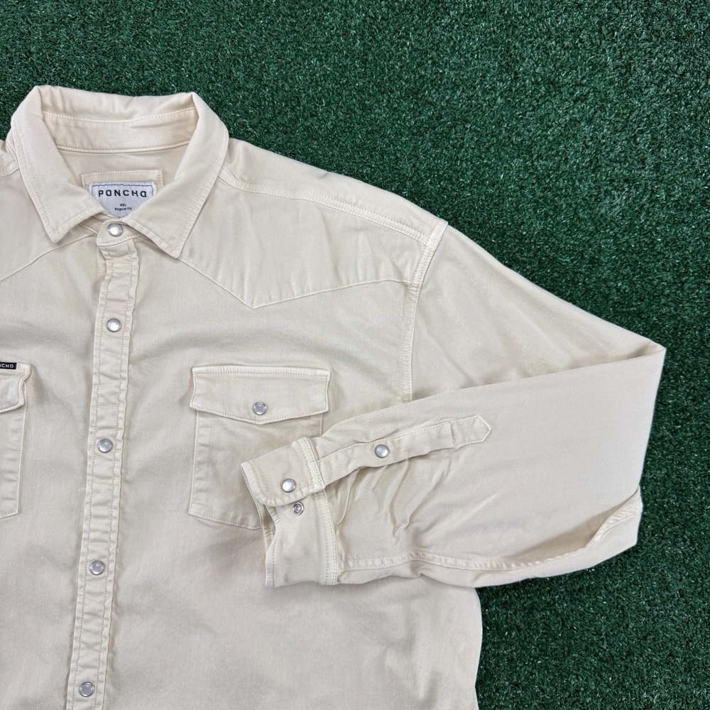 Poncho Men's Pearl Snap Denim Western Long Sleeve Shirt Size 2XL Beige